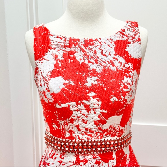 JOVANI Red and White Print Backless A-Line Evening Gown - Picture 7 of 16
